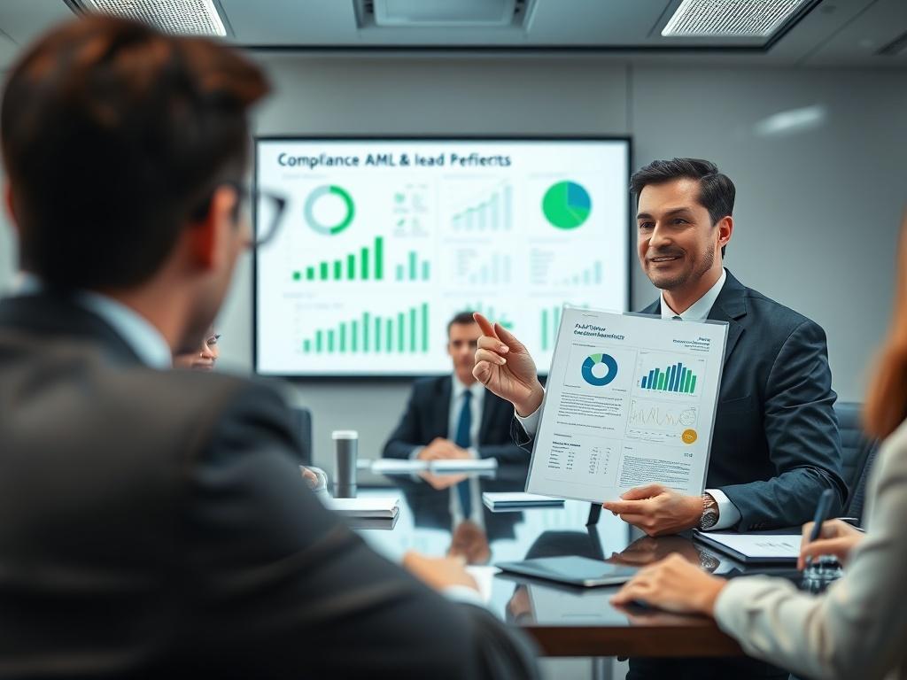 A close-up shot of a compliance officer presenting a detailed AML compliance report to executives in a modern boardroom setting. The focus is on the presenter, with visual aids in the background highlighting key compliance metrics. The color palette emphasizes greens and blues for a professional tone.