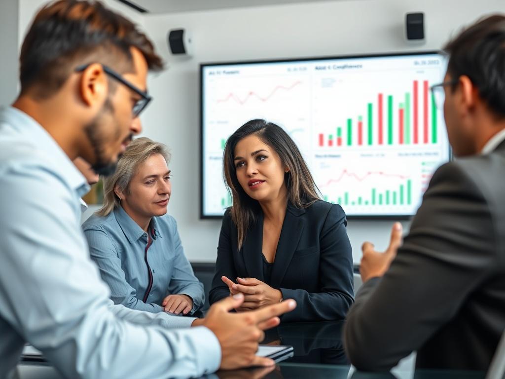 A close-up shot of a business team engaged in an AML compliance meeting, with charts and graphs displayed on a screen behind them. The atmosphere is focused and collaborative, showcasing a diverse group of professionals brainstorming. The color scheme includes shades of green to convey growth and stability.