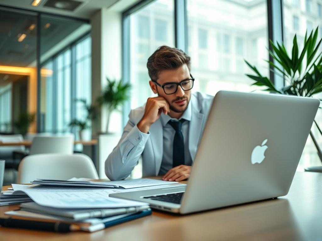 A close-up shot of a professional working on AML compliance documentation, with a laptop open and paperwork on a desk. The background features a clean modern office space with natural light streaming in. The focus is on the individual in a thoughtful pose, analyzing data, with a color palette emphasizing greens and whites.