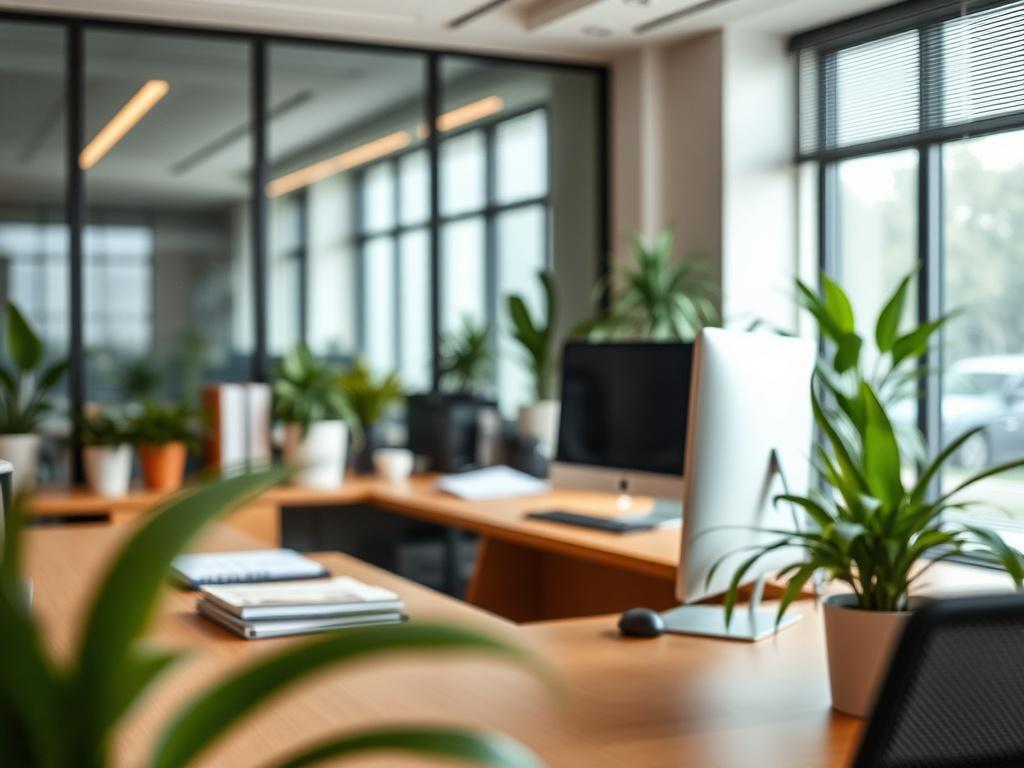 A professional and welcoming office setting with a single desk and a computer, showcasing a well-organized workspace. The background should be softly blurred to emphasize the desk as the focal point. Use natural light to create a warm atmosphere, and include green plants for a touch of life. The image should convey a sense of trust, expertise, and readiness to assist clients.