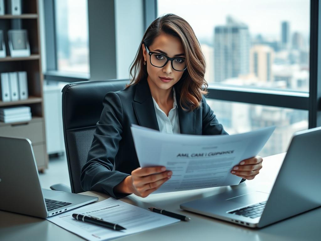 A professional and confident compliance officer seated at a desk in a modern office, reviewing documents related to AML compliance. The background features a sleek and organized workspace with a laptop, compliance guidelines, and a window showcasing a cityscape. The composition is simple and clear, focusing solely on the officer in action, captured in high-resolution with a 45mm f/1.2 lens, emphasizing professionalism and trust.