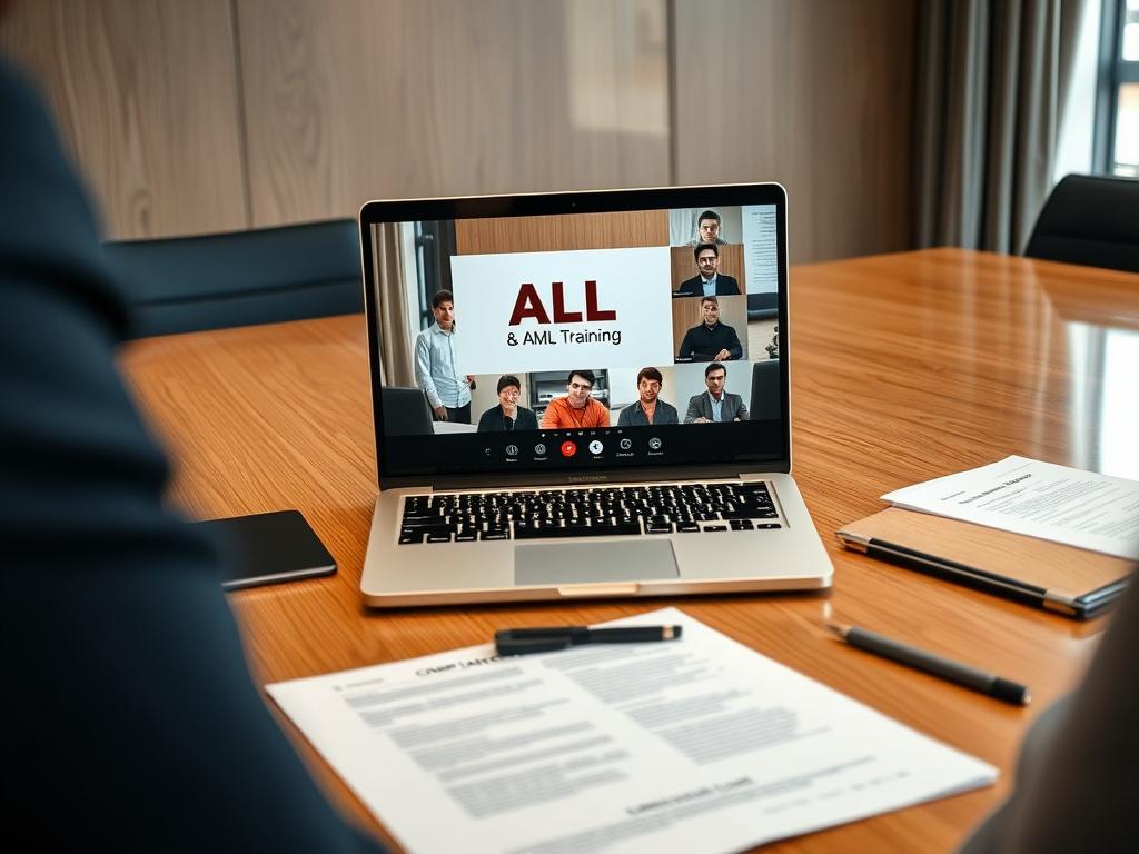 A hyper-realistic close-up of a conference table with compliance documents and a laptop open to a video conference about AML training. The setting should look professional and inviting, focusing on teamwork and collaboration.