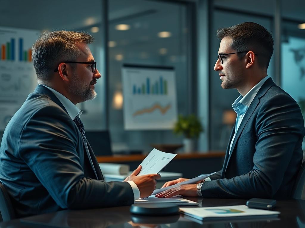 A hyper-realistic close-up of a professional office environment with a compliance consultant speaking with a client, surrounded by compliance documentation and charts. The ambiance should exude professionalism and expertise.