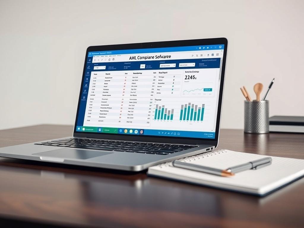 A hyper-realistic close-up of a desktop setup featuring a laptop displaying AML compliance software, with a notepad and pen beside it, showcasing a professional workspace. The background should be simple and clear, emphasizing the theme of compliance.