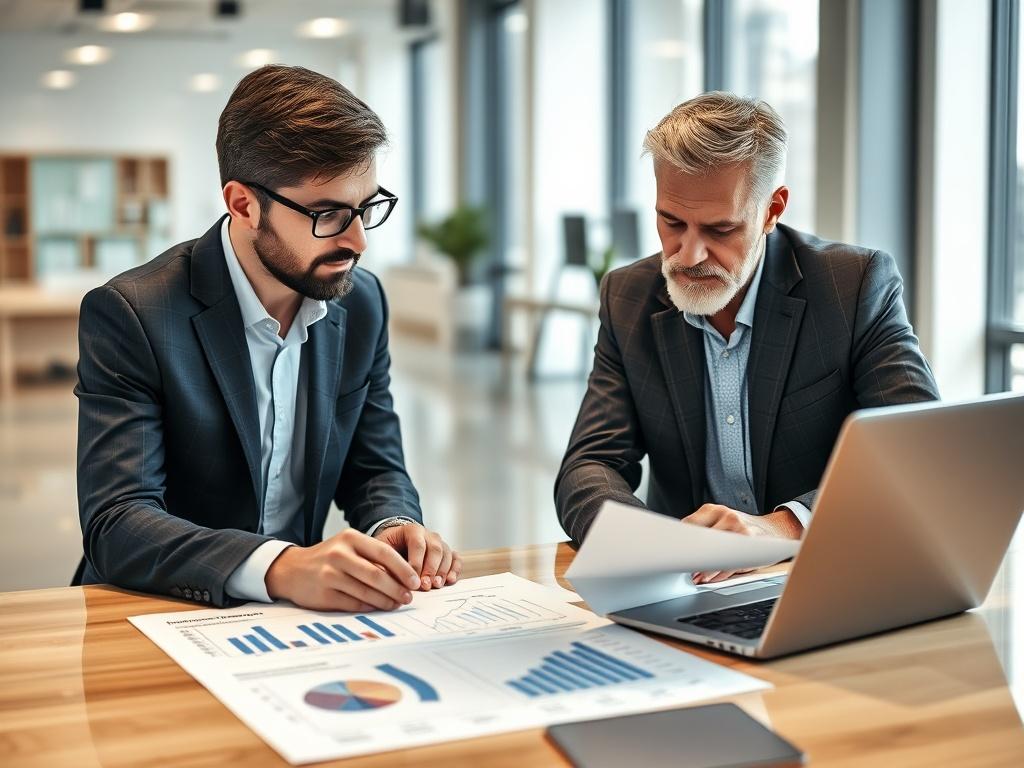 A consultant and a business owner collaborating over a compliance program document in a bright office space. The image should focus on their engaged discussion, with charts and a laptop open on the table, symbolizing teamwork and strategic planning. The background should reflect a professional and modern office atmosphere.