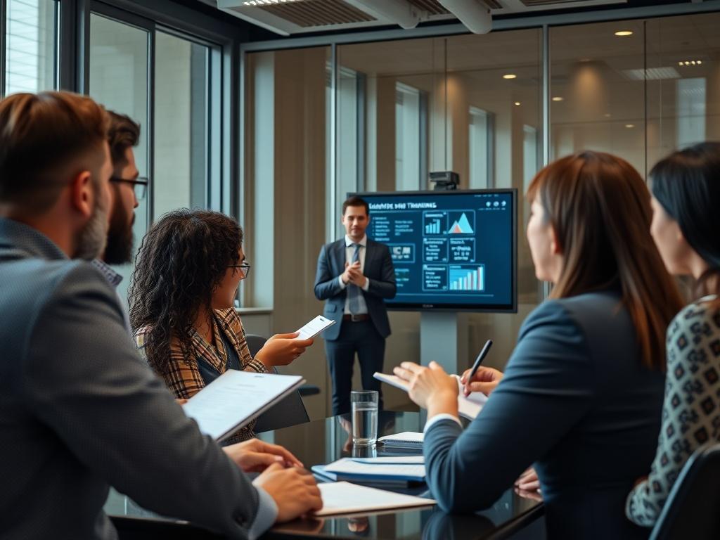 A group of diverse professionals engaged in an interactive training session, with a trainer presenting information on a screen. The setting is a modern conference room, and participants are actively discussing and taking notes. The focus should be on the trainer and the collaborative atmosphere, showcasing teamwork and learning.