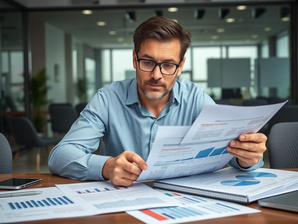 A professional consultant reviewing financial documents in an office setting, with a focus on charts and compliance reports spread out on the table. The consultant is analyzing data with a thoughtful expression, surrounded by a modern office backdrop. The composition should be clear, highlighting the consultant as the main subject, with a close-up shot that emphasizes the details of the documents and the professional environment.