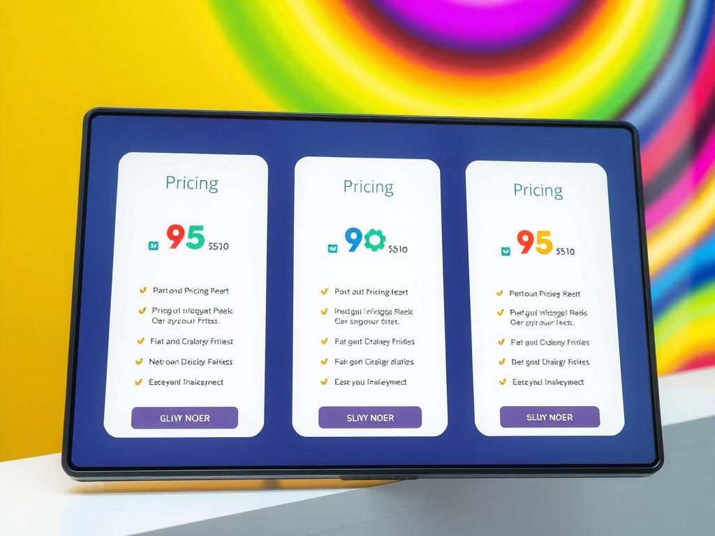 An aesthetically pleasing layout showcasing three pricing tiers on a modern display. Each tier is highlighted with distinct colors and icons, emphasizing clarity and simplicity. The background is bright and vibrant, creating an engaging visual for potential clients.