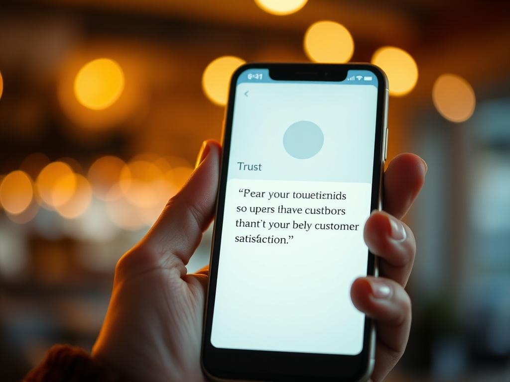 A close-up shot of a hand holding a smartphone displaying a glowing testimonial message. The background is softly blurred, focusing on the phone, with warm lighting creating an inviting atmosphere. The image represents trust and satisfaction, perfect for highlighting customer feedback.