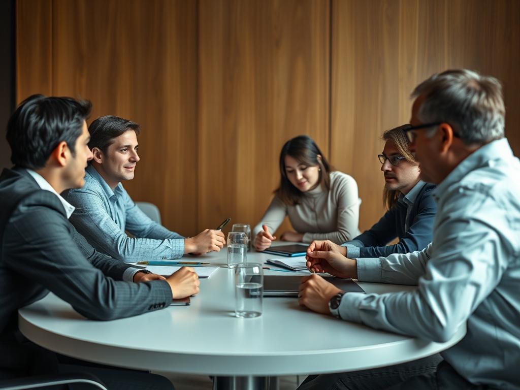 A strong visual representation of a team of professionals collaborating at a round table, engaged in discussion. The image captures a sense of teamwork and expertise, conveying the message that clients will receive dedicated support from a knowledgeable team.