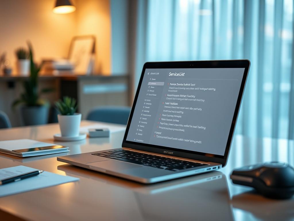 A clean and professional workspace with an open laptop displaying a detailed service list on the screen. The workspace is well-organized, reflecting professionalism, with soft lighting creating a focused environment. This image embodies the essence of service clarity.