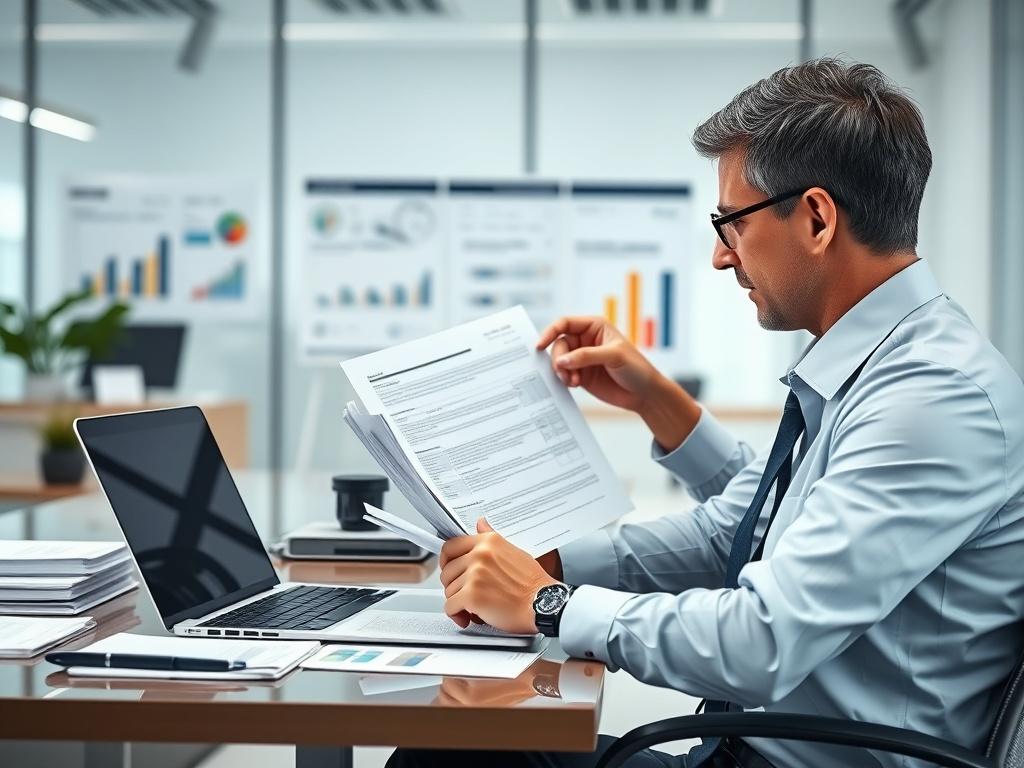 A professional consultant sitting at a modern desk, analyzing documents
