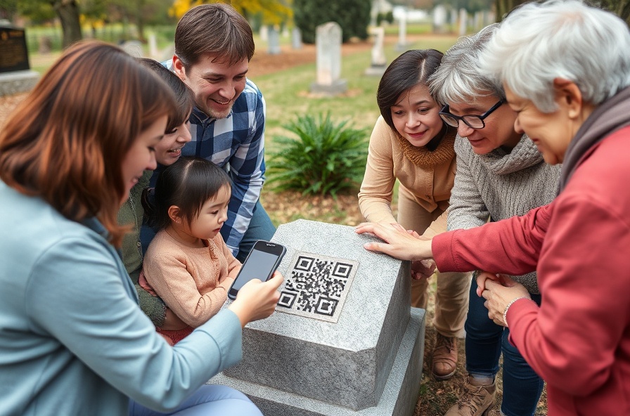 Family members visiting gravestone and scanning QR code