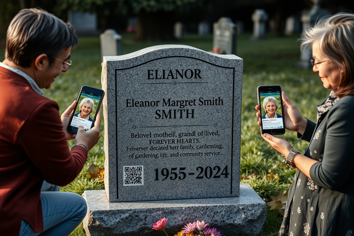 Family members at gravestone scanning QR code to access digital memorial showing biography on phones