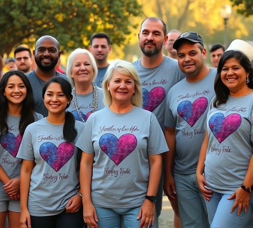 Group wearing matching memorial tribute t-shirts