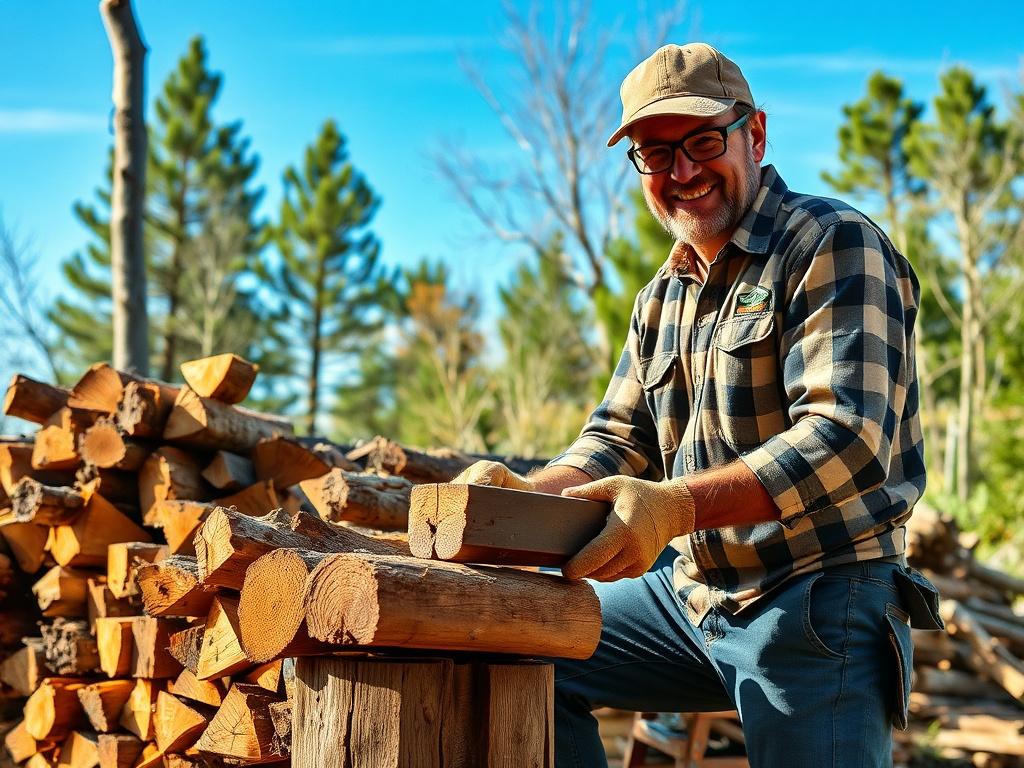A rustic scene featuring a friendly woodworker splitting and stacking