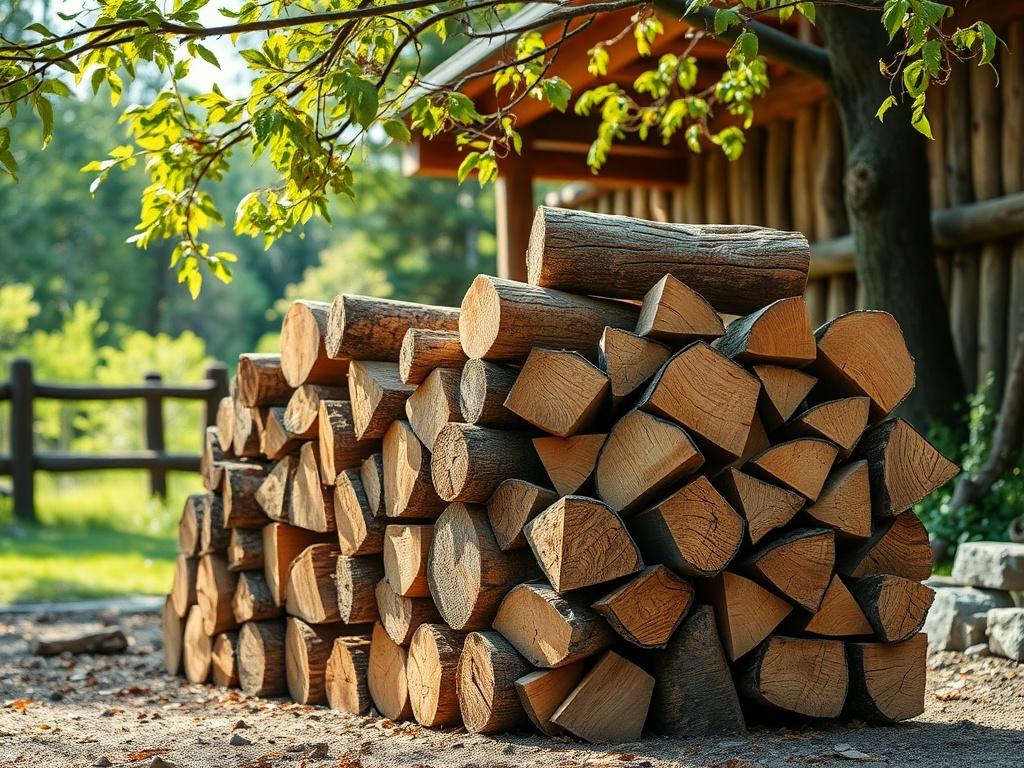 A stack of neatly arranged firewood logs, showcasing the different