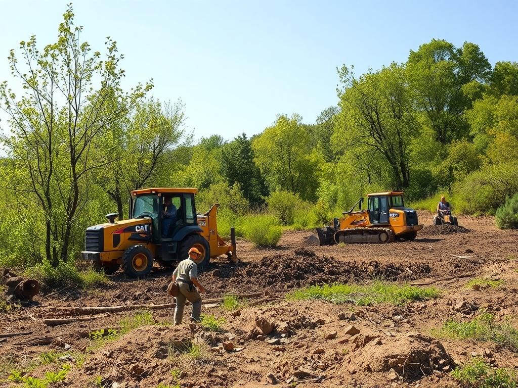 A team of workers efficiently clearing land, using heavy machinery