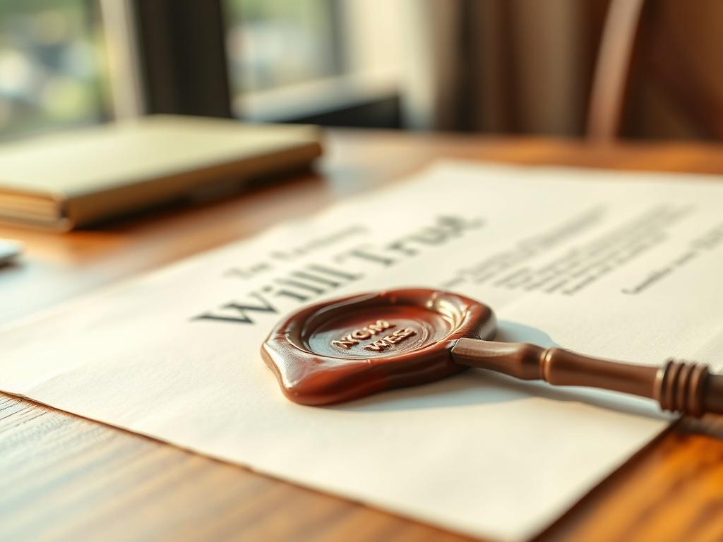 A close-up shot of an elegant document with a wax seal, symbolizing a Will or Trust, placed on a wooden desk. The background features soft natural lighting, creating a warm and inviting atmosphere. The focus is on the document details, showcasing the importance of estate planning. The color palette incorporates shades of green to match the primary color theme, providing a sense of trust and security.