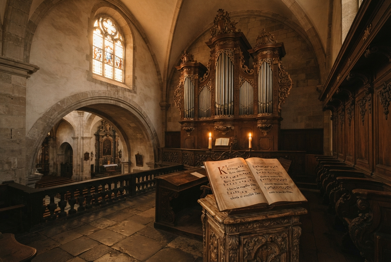 Baroque church choir loft with pipe organ and an open Renaissance polyphony manuscript