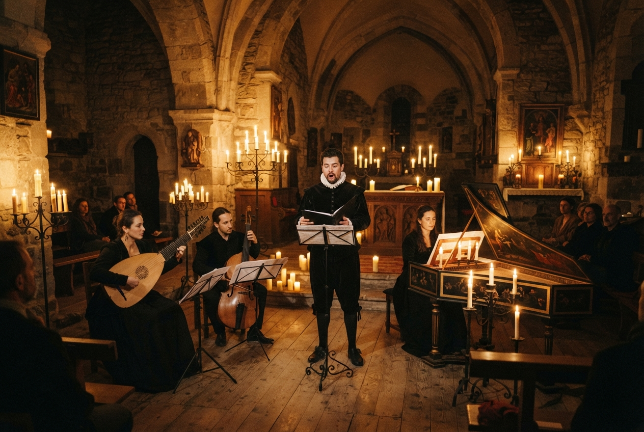 Early music ensemble accompanying a tenor soloist in a candlelit stone chapel