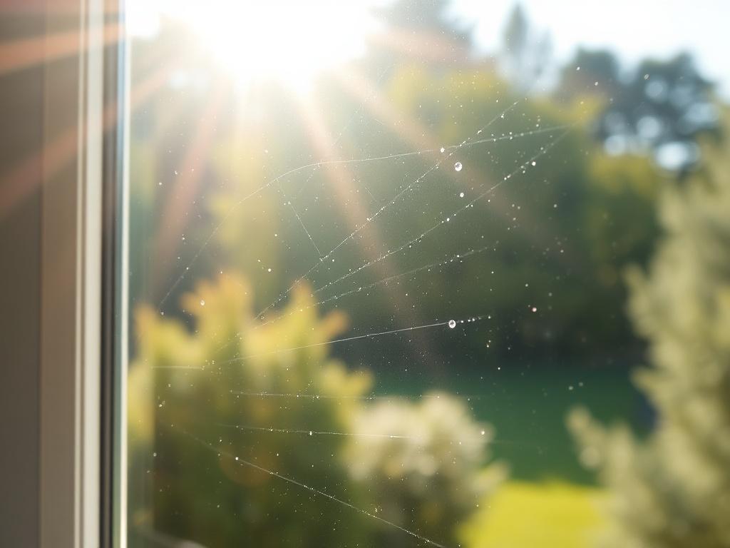 A hyper-realistic close-up shot of a sparkling clean window with sunlight streaming through it, highlighting the clarity and shine. The background features a blurred outdoor scene of greenery, suggesting a fresh and inviting atmosphere. The focus should be on the window glass, showcasing its spotless condition, with reflections of trees and sky subtly visible to enhance the realism. The composition should be simple, emphasizing the cleanliness of the glass without any distractions.