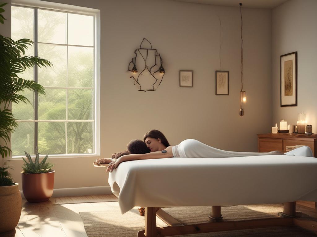 A serene and tranquil massage room with soft lighting and