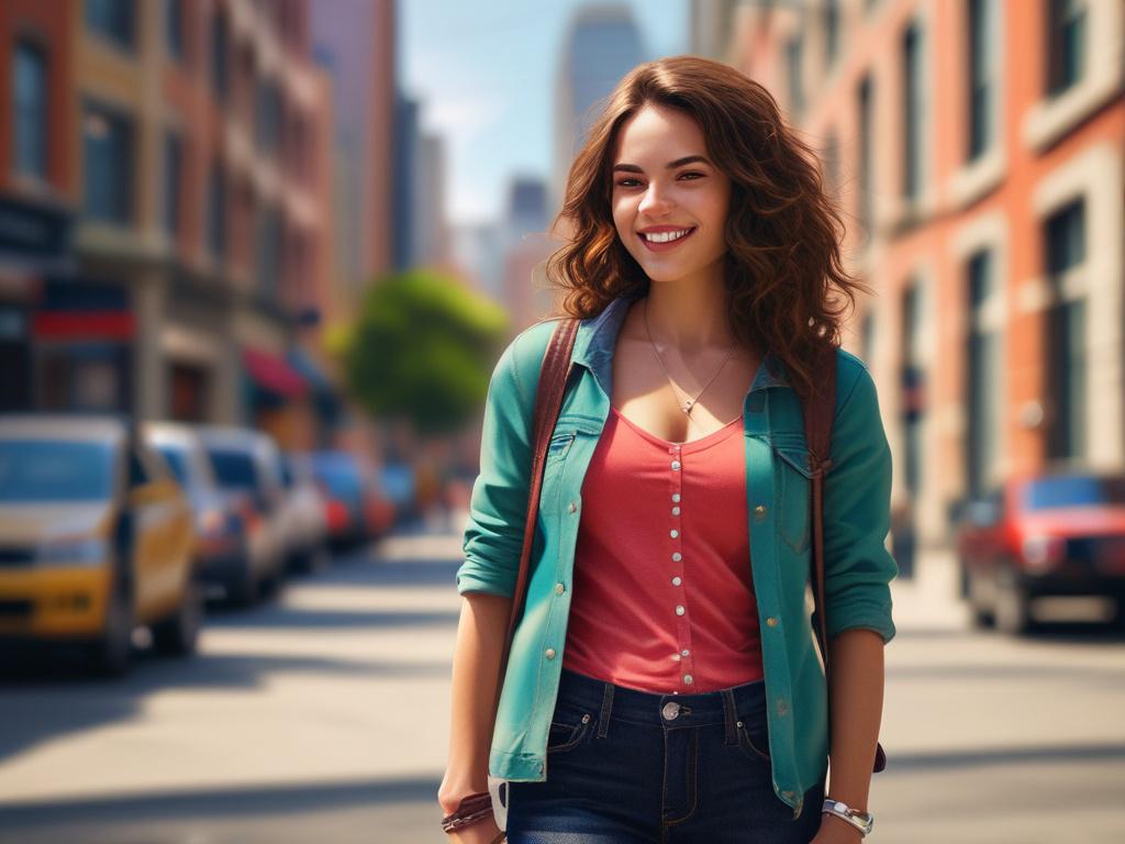 A cheerful college student escort with a bright smile, dressed
