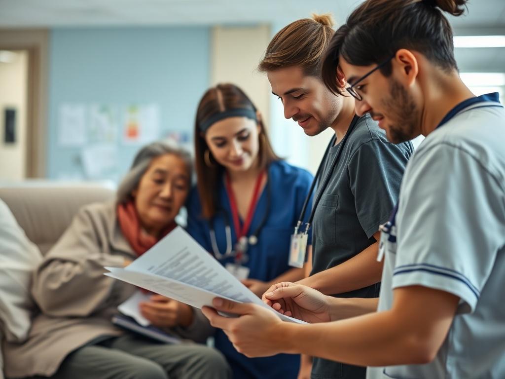 A nurse assistant guiding a patient and family members through