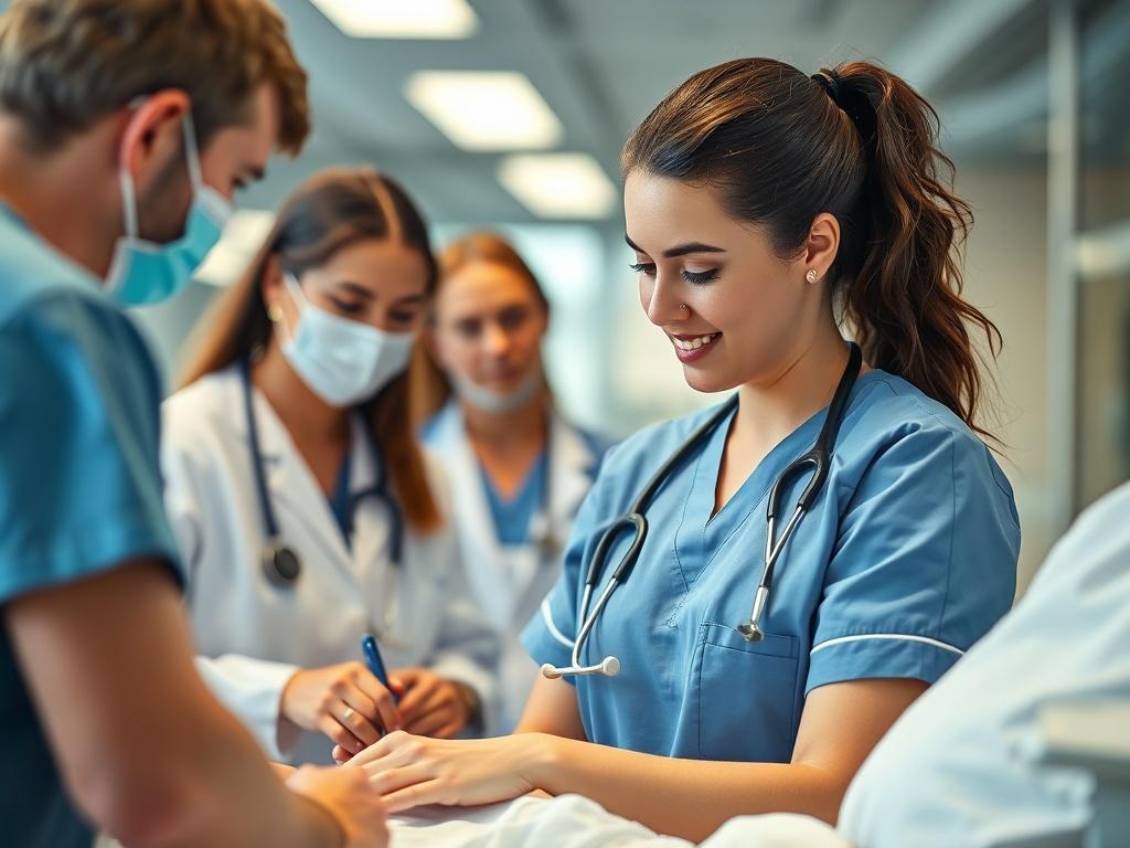 A nurse assistant collaborating with healthcare professionals in a clinical