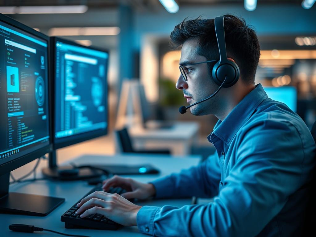 A close-up shot of a Microsoft certified technician engaged in remote support, focused on a computer screen. The technician is wearing a headset and typing on a keyboard, with a modern workspace in the background. The color scheme includes shades of blue to match the rgb(2, 86, 197) primary color, creating a professional and tech-savvy atmosphere.