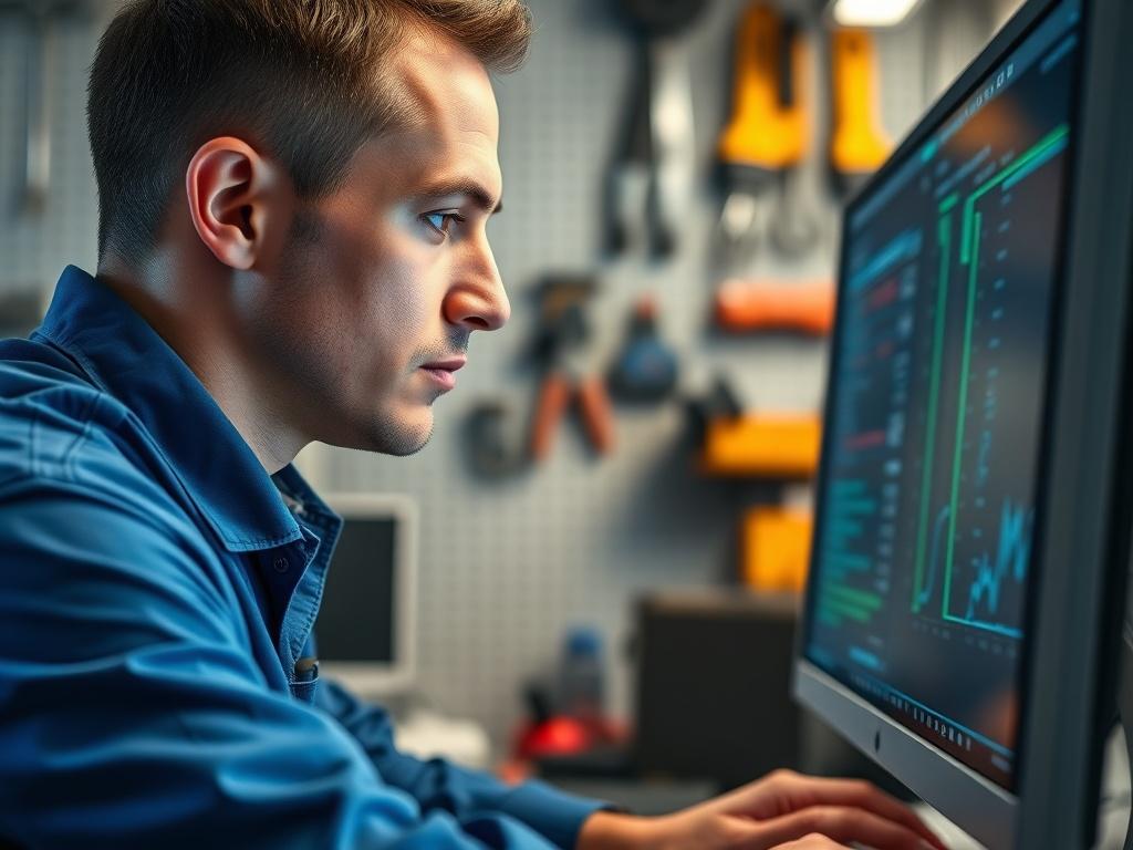 A professional technician focused on a computer screen, analyzing system diagnostics. The setting is a clean, modern workspace with tools neatly organized in the background. The technician is wearing a blue shirt, symbolizing trust and expertise, with a close-up shot that captures the concentration on their face. The composition highlights the technician's engagement with technology, while the background remains softly blurred to keep the focus on the technician and the screen.