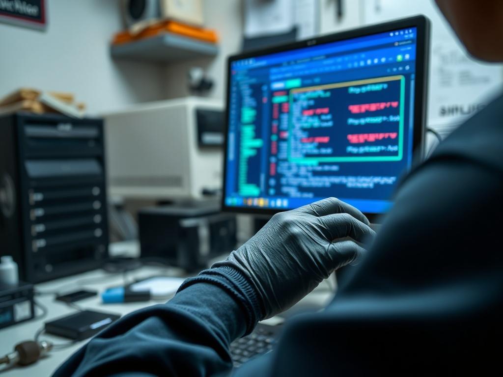 A close-up of a technician working on data recovery, focused on a computer screen displaying recovery software. The technician is wearing gloves, indicating careful handling of sensitive data. The background is a clutter-free workspace with external hard drives and data recovery tools visible. The image emphasizes the technician's dedication to restoring lost files, conveying a sense of urgency and expertise.