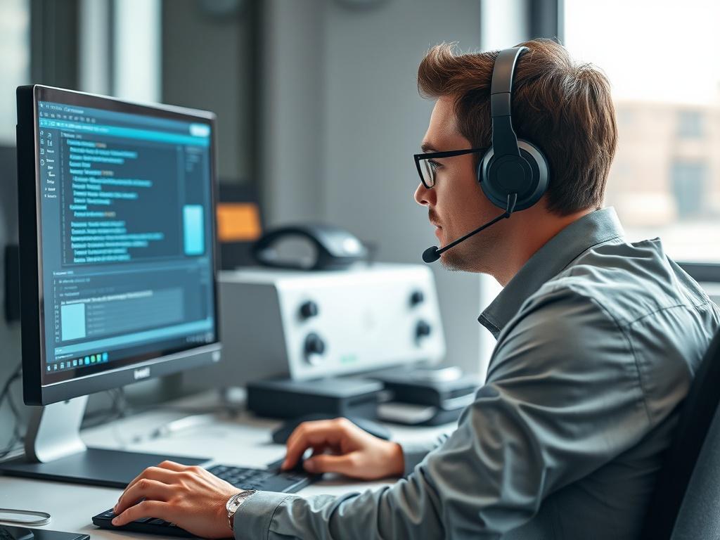 A technician engaged in a remote software installation process, visible on a computer screen. The technician is sitting at a desk, with a headset on, actively communicating with a client. The image captures the technician's focused expression, highlighting their professionalism. The background features a modern office setup, with a computer and cables organized neatly, symbolizing efficiency and expertise.