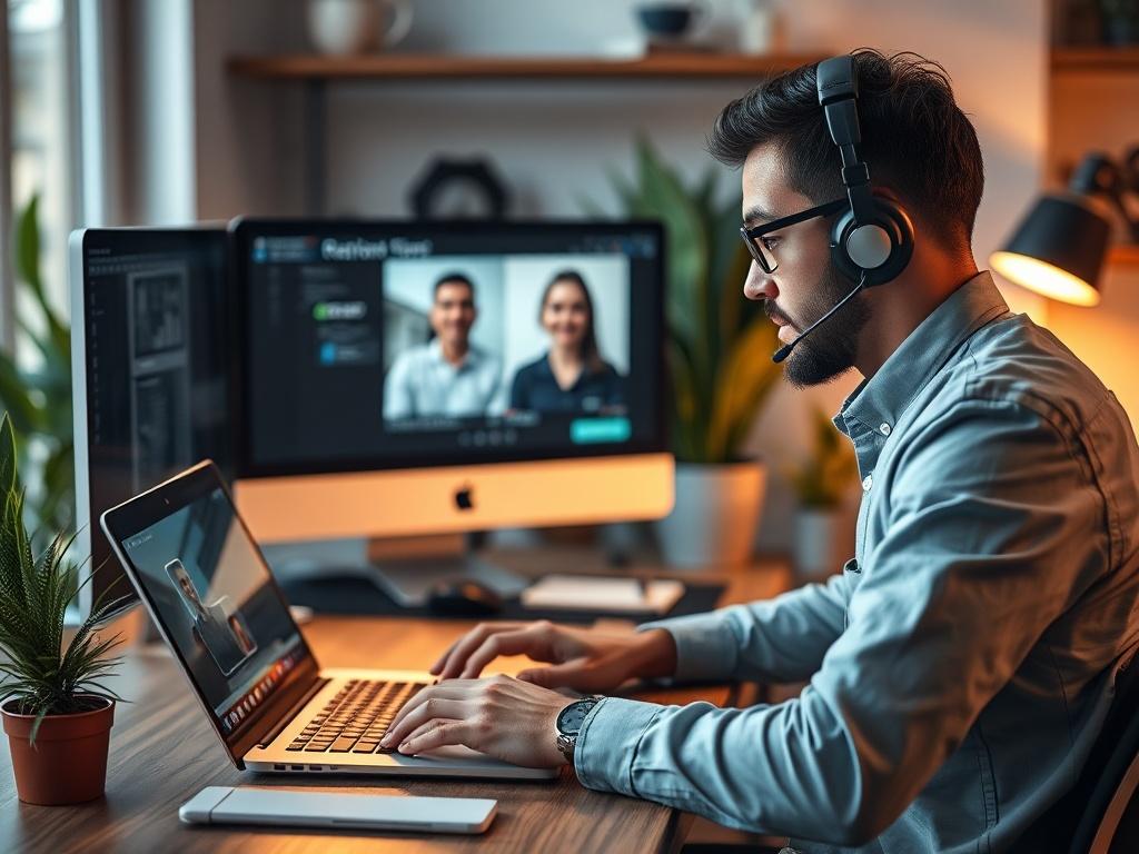 A close-up shot of a professional technician working on a laptop in a cozy home office, demonstrating remote support through a video call. The background should feature a modern desk setup with a computer, plants, and a warm ambiance, shot with a 45mm f/1.2 lens.