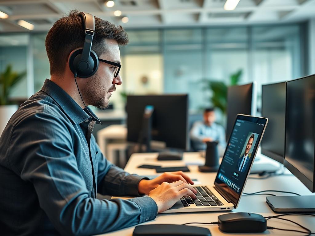A close-up shot of a Microsoft certified technician assisting a client through a video call on a laptop. The technician is in a professional office setting with tech gadgets around, showcasing a blend of technology and customer service, shot with a 45mm f/1.2 lens.