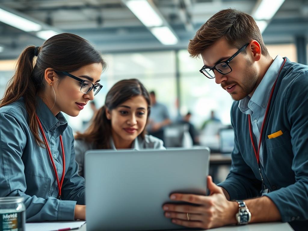 A close-up shot of a team of Microsoft certified technicians collaborating in a modern office environment, discussing a technical issue over a laptop. The background should reflect a busy yet organized workspace, shot with a 45mm f/1.2 lens.