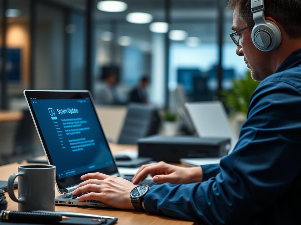 A close-up shot of a technician working on a laptop, focused on applying software updates. The technician is wearing a professional uniform, with tools and a coffee mug on the desk. The background is a modern office environment, softly blurred to emphasize the technician and the laptop screen displaying system update notifications. The overall color palette includes shades of blue to align with the primary color rgb(2, 86, 197).
