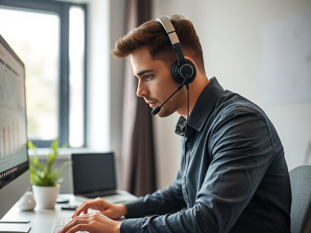 Create a realistic high-resolution photo that reflects the blog titled "Top 5 Tips for Remote Technical Support." The image should feature a single technician engaged in remote support. The technician is focused, wearing a professional headset, and intently looking at a computer screen filled with charts, graphs, or diagnostic tools, demonstrating a sense of expertise and concentration.

The composition should be simple and clear, with the technician centered in the frame. The background should be a clean, 