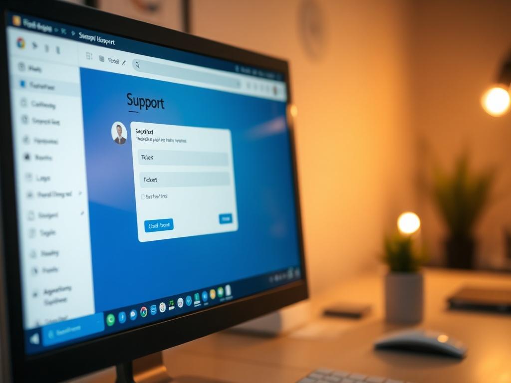 A realistic high-resolution close-up shot of a computer screen displaying a user-friendly support portal interface, showing a chat window and ticket submission form. The background is soft and blurred to keep the focus on the screen, with a warm lighting effect to create an inviting atmosphere.