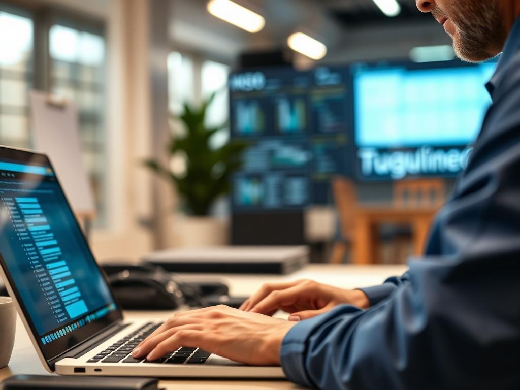 A realistic high-resolution close-up image of a technician reviewing support tickets on a laptop, with an organized digital interface in view. The background is subtly blurred, highlighting the technician's focus on the screen, with a professional and inviting workspace ambiance.