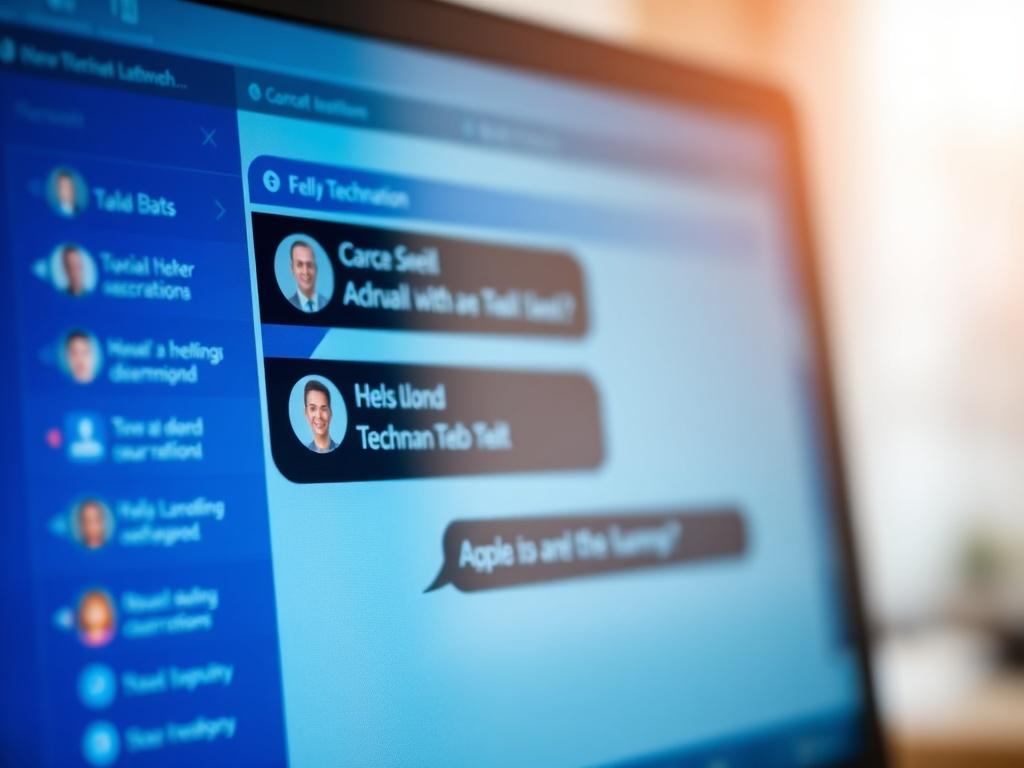 A realistic high-resolution close-up shot of a chat window on a computer screen, showing a conversation between a client and a technician. The background is softly blurred to maintain focus on the chat interface, creating a modern and efficient digital communication environment.