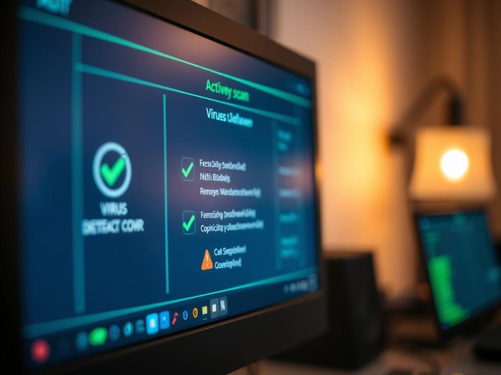 A close-up shot of a computer screen displaying a security software interface actively scanning for viruses and malware. The focus is on the screen, showcasing green check marks and warning signs, indicating the detection and removal process. The background is softly blurred to emphasize the screen, with warm lighting that conveys a sense of security and professionalism. The color scheme prominently features shades of blue, reflecting the primary color rgb(2, 86, 197).