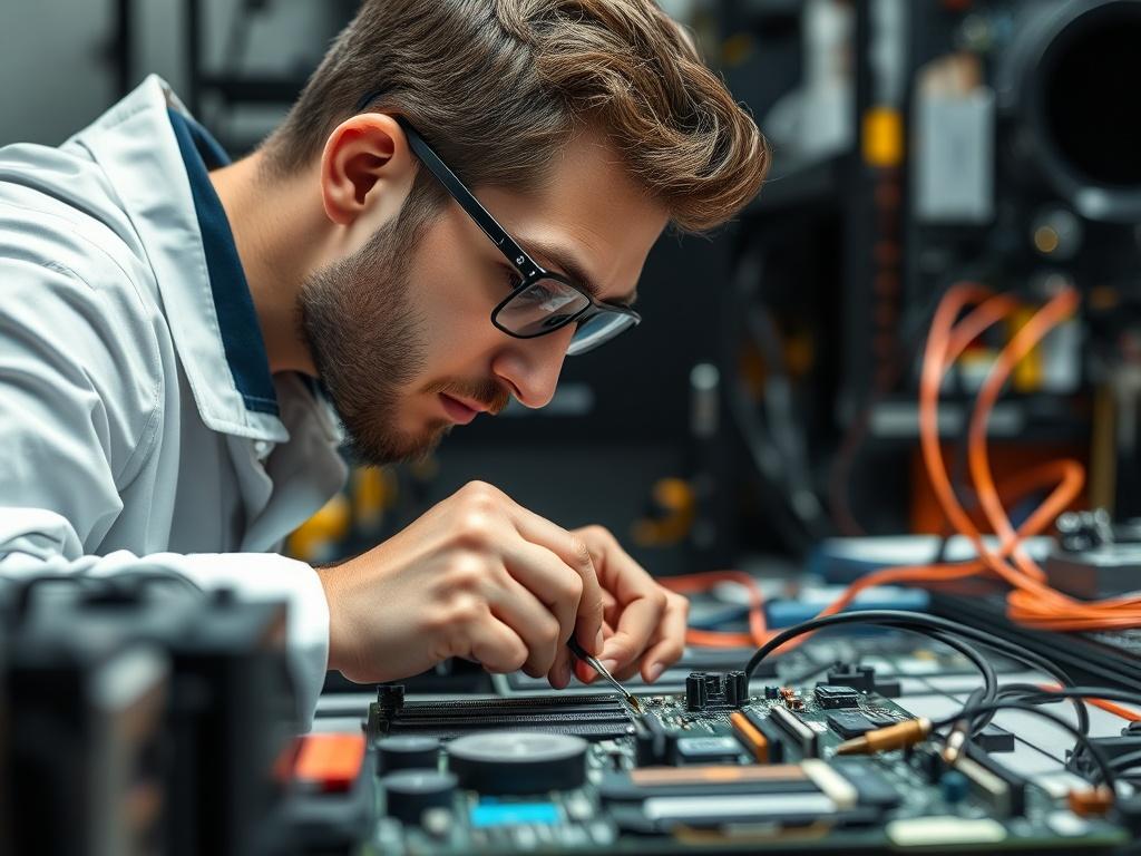 A highly detailed close-up shot of a professional technician working on a computer repair. The technician is focused on the task, using precision tools. The background is a blurred tech workspace filled with neatly organized equipment and tools, emphasizing a clean and professional environment. The composition highlights the technician's hands as they delicately handle computer components, showcasing expertise and attention to detail. The image should evoke a sense of trust and reliability in technical supp