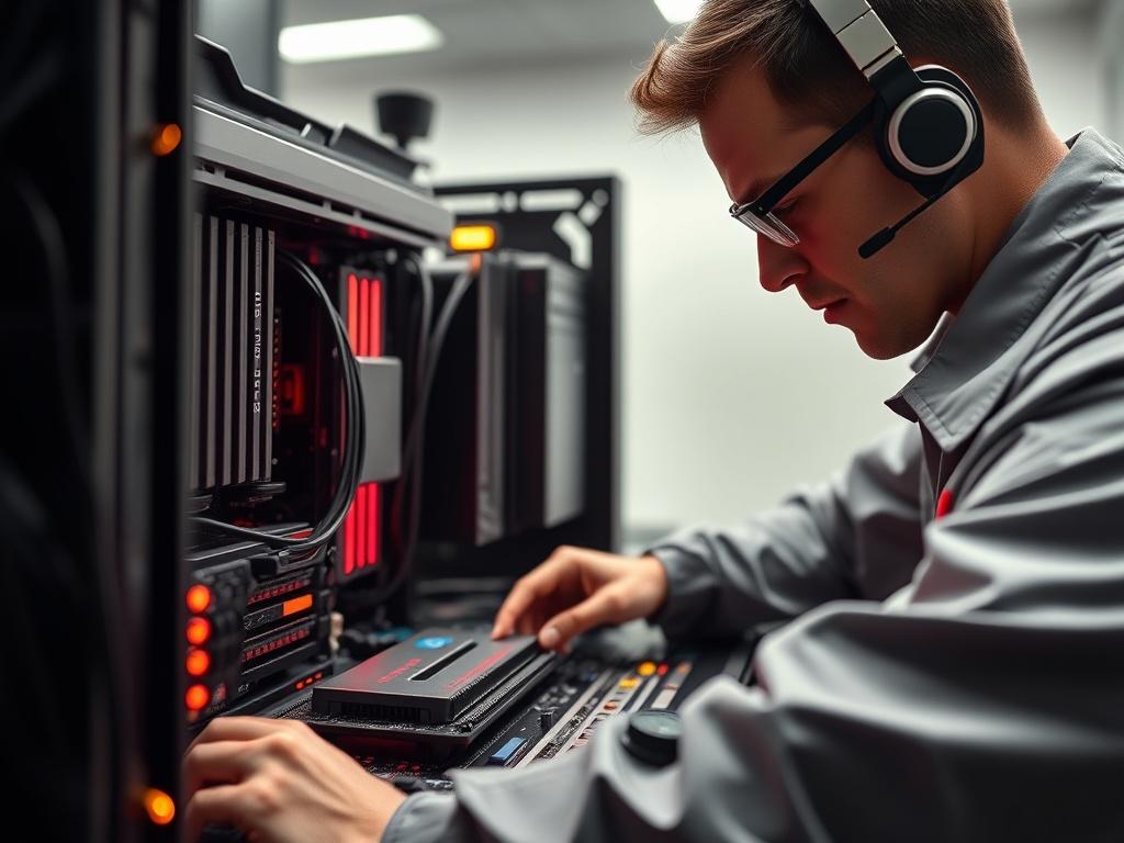 A close-up shot of a technician working on a high-performance computer system, showcasing the intricate components like the motherboard and CPU. The technician, wearing a professional uniform, is focused on optimizing the system for better performance. The background is softly blurred to emphasize the technician and the computer, with a color palette that includes the primary color rgb(2, 86, 197) subtly integrated into the workspace.