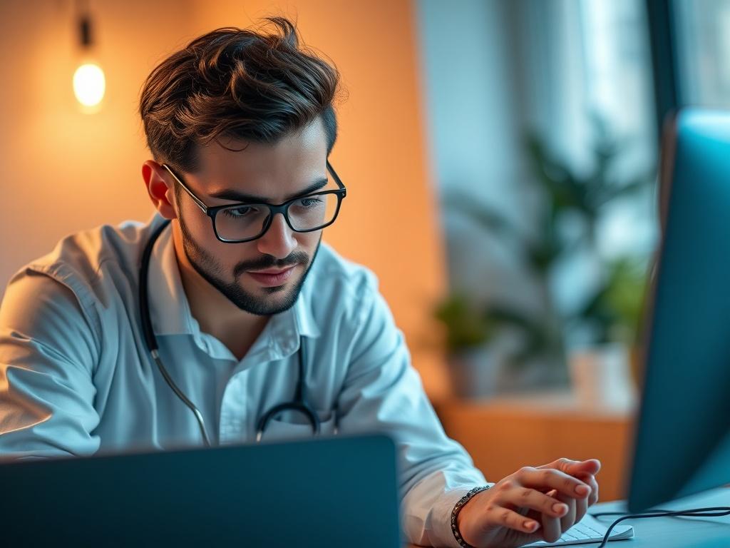 A close-up image of a Microsoft certified technician assisting a client over a laptop in a cozy office environment. The technician is focused and engaged, showcasing professionalism and expertise. The background is softly blurred to emphasize the interaction, with warm lighting that creates a welcoming atmosphere. The color scheme includes shades of blue to align with the brand's primary color (rgb(2, 86, 197)). The image should convey a sense of trust and reliability.