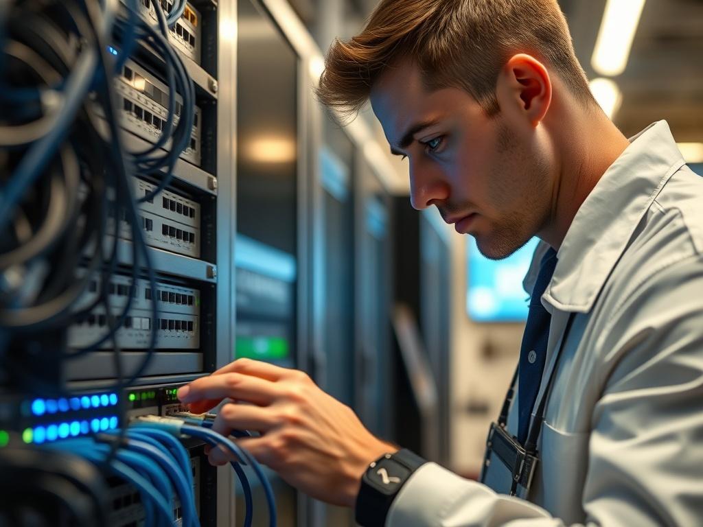 An image focusing on a technician analyzing network equipment, such