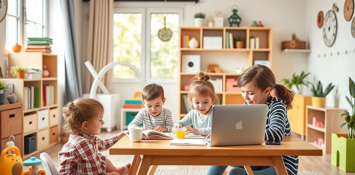 Educator working from home caring for children