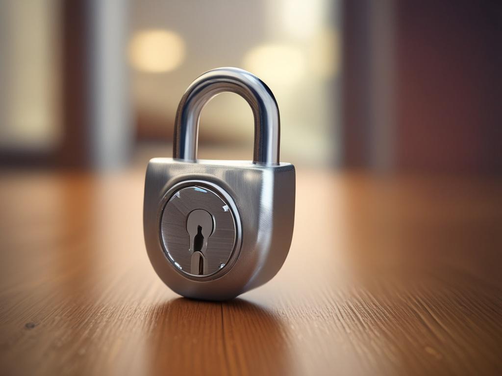 A close-up shot of a secure lock on a wooden desk, symbolizing trust and security. The lock should be shiny and well-defined, set against a soft-focus background with green tones to reflect the rgb(50, 170, 39) primary color. The lighting should be natural and warm, emphasizing the details of the lock.