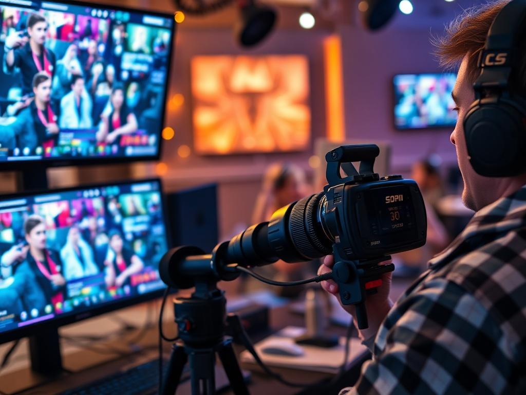 An action shot of a professional streamer broadcasting live, with